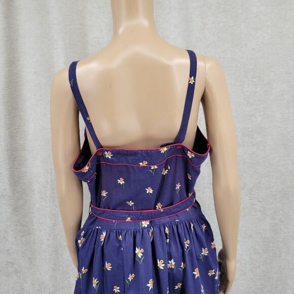 Vintage Sundress Belted Floral Blue Red Pin-Up Rockabilly Cotton 70s - Picture 7 of 14